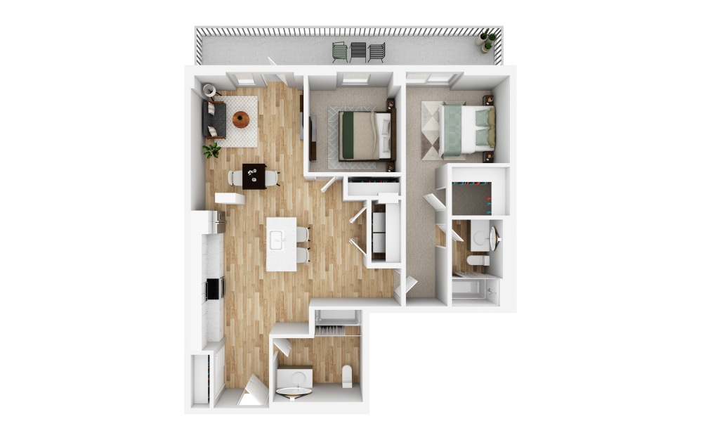2x2 L ADA - 2 bedroom floorplan layout with 2 bathrooms and 1070 square feet (3D)