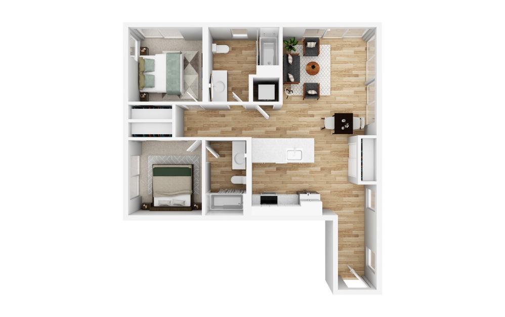 2x2 AB - 2 bedroom floorplan layout with 2 bathrooms and 943 - 954 square feet (3D)