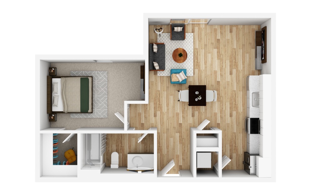 1x1 K - 1 bedroom floorplan layout with 1 bathroom and 699 square feet (3D)