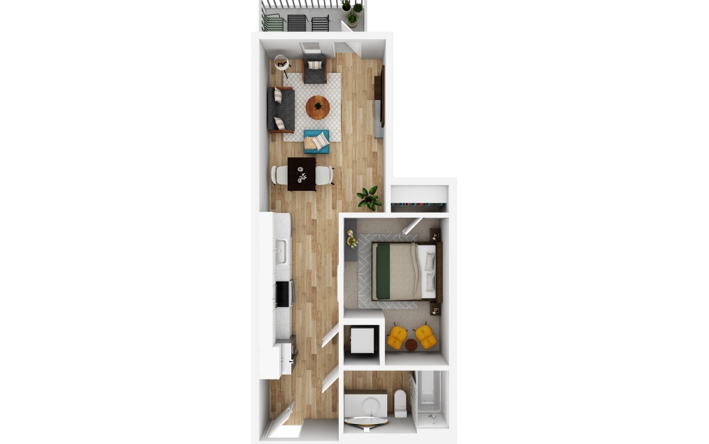 Open 1x1 B - 1 bedroom floorplan layout with 1 bathroom and 560 square feet (3D)