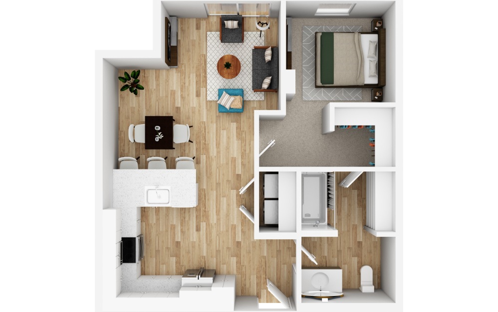 1x1 B - 1 bedroom floorplan layout with 1 bathroom and 710 square feet (3D)