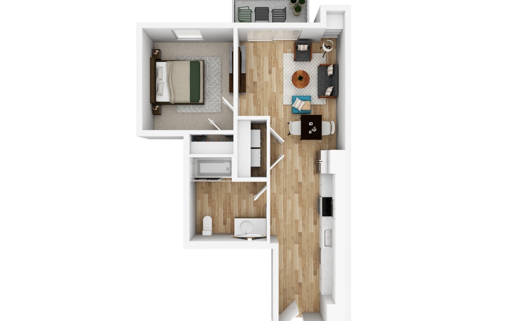 1x1 S1 ADA - 1 bedroom floorplan layout with 1 bathroom and 660 square feet (3D)