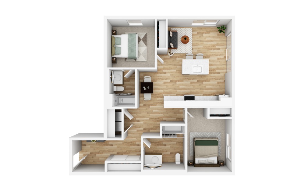 2x2 I - 2 bedroom floorplan layout with 2 bathrooms and 942 square feet (3D)