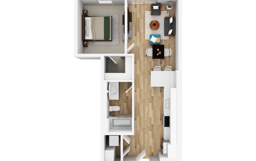 1x1 Q - 1 bedroom floorplan layout with 1 bathroom and 666 square feet (3D)