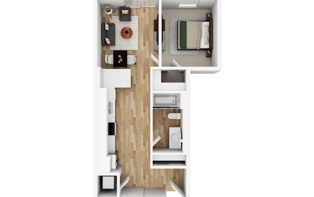 1x1 R - 1 bedroom floorplan layout with 1 bathroom and 669 square feet (3D)