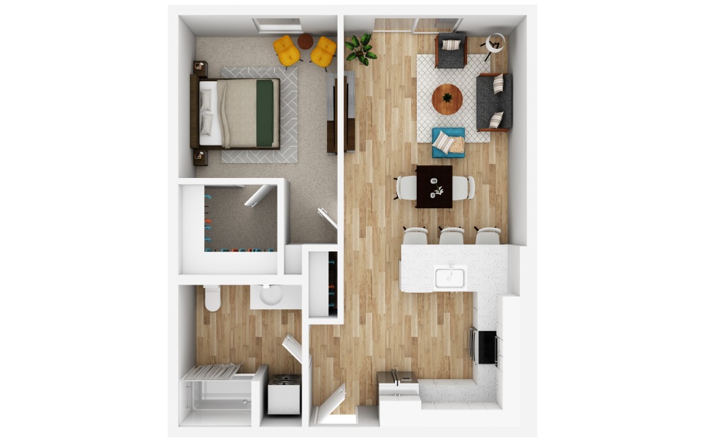 1x1 D1 - 1 bedroom floorplan layout with 1 bathroom and 707 square feet (3D)