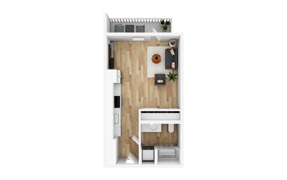 Studio A1 - Studio floorplan layout with 1 bathroom and 482 square feet (3D)