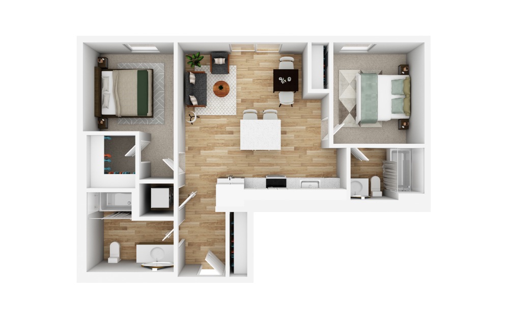 2x2 CD MFTE - 2 bedroom floorplan layout with 2 bathrooms and 855 - 876 square feet (3D)