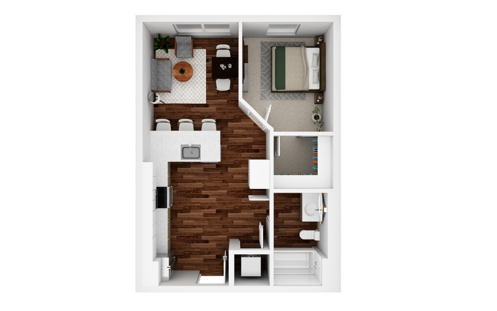 1x1 A MFTE - 1 bedroom floorplan layout with 1 bathroom and 571 - 578 square feet (3D)
