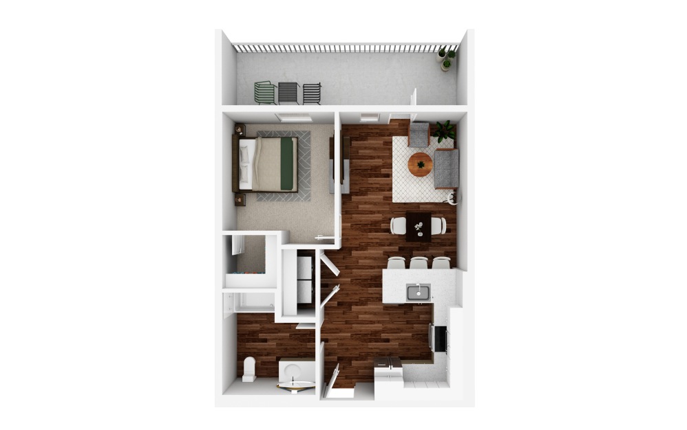 1x1 D1 ADA - 1 bedroom floorplan layout with 1 bathroom and 707 square feet (3D)