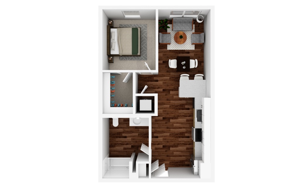 1x1 E - 1 bedroom floorplan layout with 1 bathroom and 682 square feet (3D)