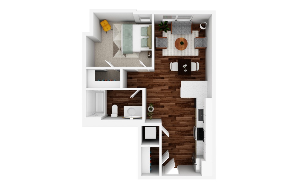 1x1 J - 1 bedroom floorplan layout with 1 bathroom and 644 square feet (3D)