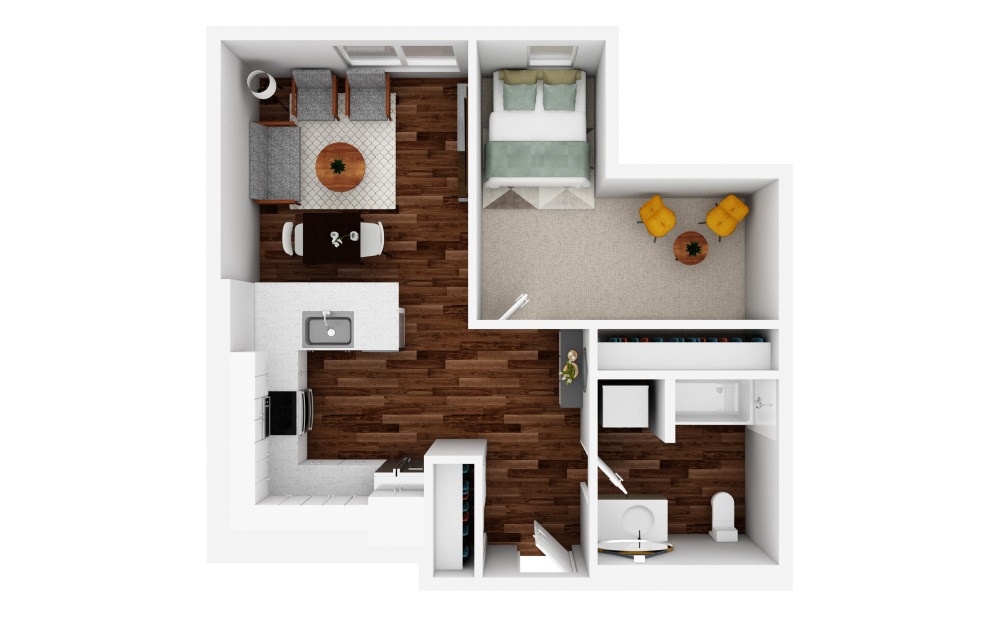 1x1 O - 1 bedroom floorplan layout with 1 bathroom and 700 square feet (3D)