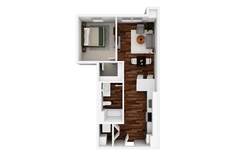1x1 P - 1 bedroom floorplan layout with 1 bathroom and 672 square feet (3D)