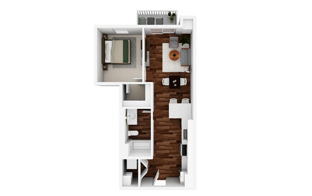 1x1 S1 - 1 bedroom floorplan layout with 1 bathroom and 660 square feet (3D)