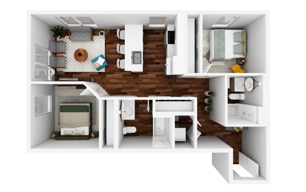 2x2 E - 2 bedroom floorplan layout with 2 bathrooms and 942 square feet (3D)