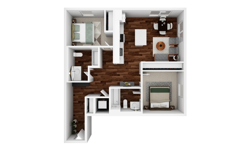 2x2 J - 2 bedroom floorplan layout with 2 bathrooms and 970 square feet (3D)
