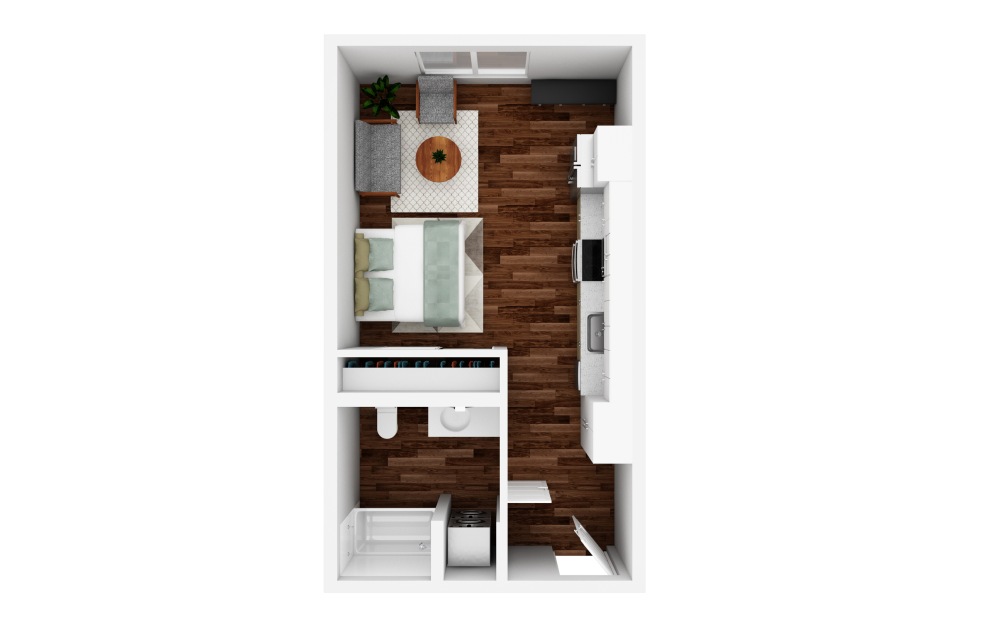 Studio B - Studio floorplan layout with 1 bathroom and 451 square feet (3D)