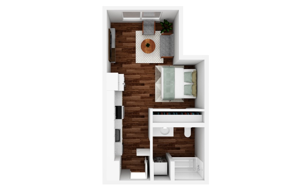 Studio F - Studio floorplan layout with 1 bathroom and 473 square feet (3D)